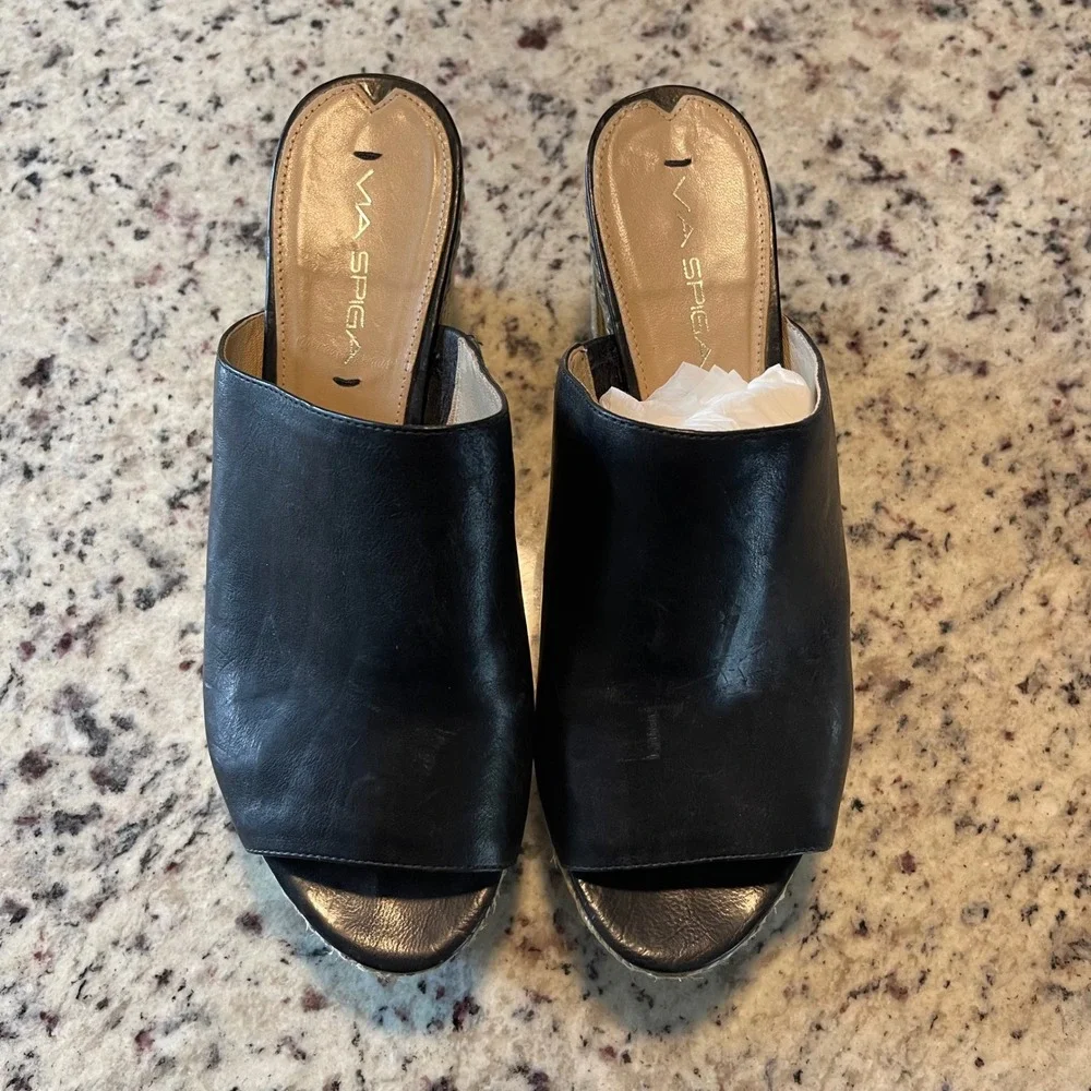 Via Spiga Wedge Sandals Women 8 Black Leather Raffia Boho Platform Peep Toe Mule